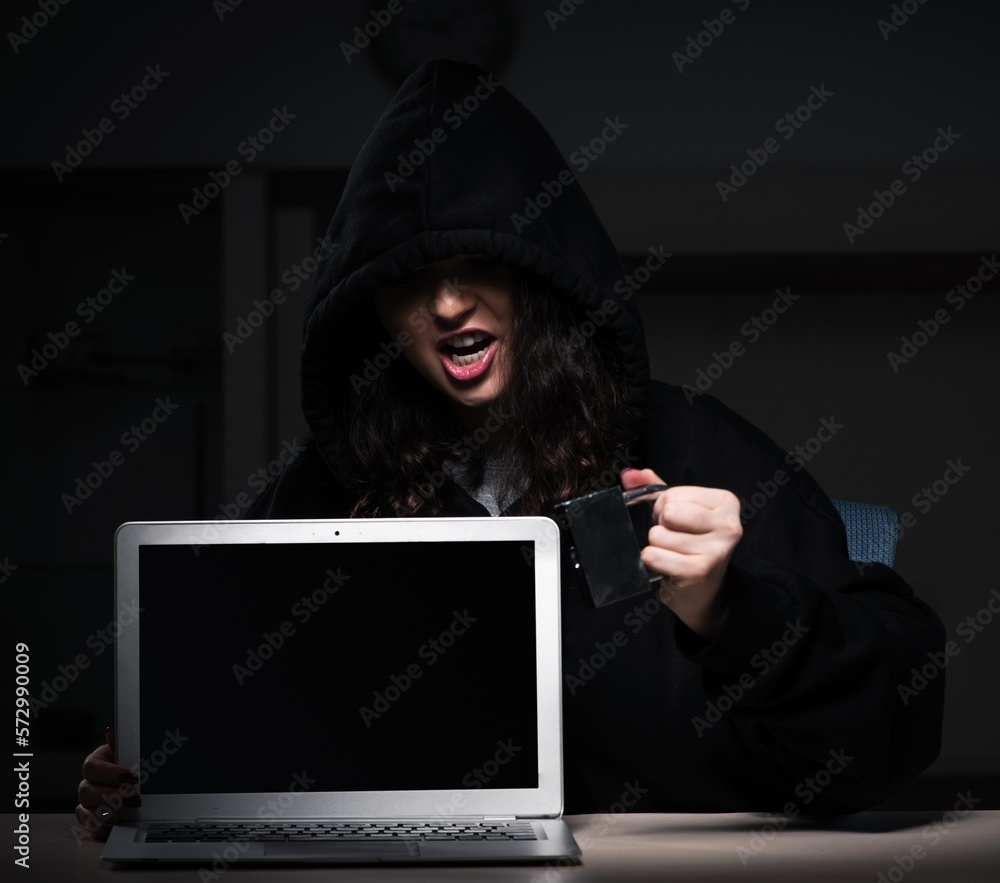 Poster female hacker hacking security firewall late in office