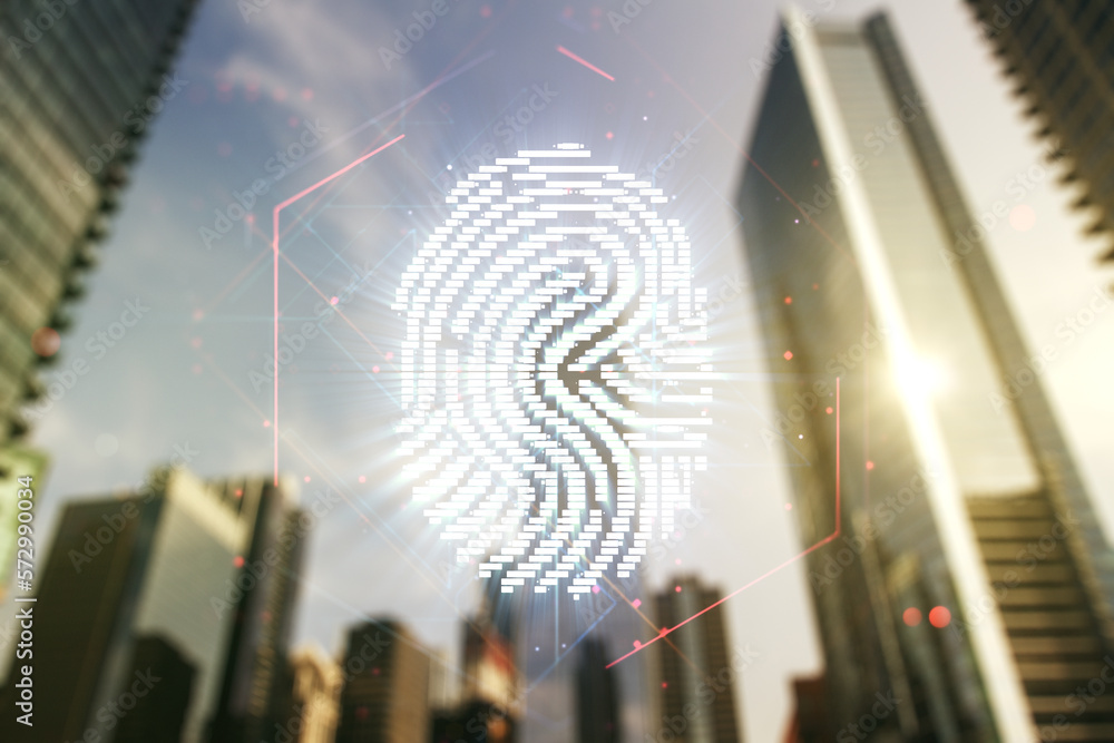 Fototapete Multi exposure of virtual fingerprint scan interface on blurry cityscape background, digital access concept