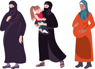 set of islamic cartoon boys, girls, men and women vector illustration with makkah and madinah. 