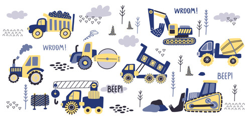 Cute kids excavator, truck and bulldozer. Doodle style drawing city toys like tractor and concrete mixer, boho little boy cars, colorful baby print. Vector cartoon isolated design elements © SpicyTruffel