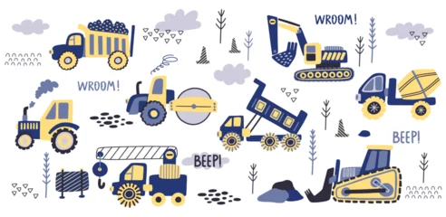 Möbelaufkleber Cute kids excavator, truck and bulldozer. Doodle style drawing city toys like tractor and concrete mixer, boho little boy cars, colorful baby print. Vector cartoon isolated design elements © SpicyTruffel