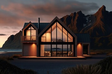 Living in nature. Beautiful solitary modern minimalistic residential house with huge windows, situated in distant location far away from civilization. AI