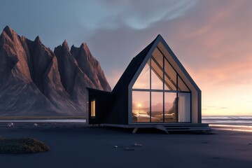 Living in nature. Beautiful solitary modern minimalistic residential house with huge windows, situated in distant location far away from civilization. In front of Vestrahorn, Iceland. AI
