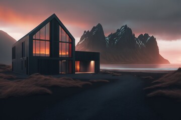 Living in nature. Beautiful solitary modern minimalistic residential house with huge windows, situated in distant location far away from civilization. In front of Vestrahorn, Iceland. AI