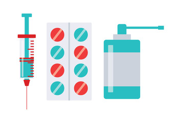 Medicine, pharmacy, hospital set of drugs, pills, syringe, hand sanitizer. Medication, pharmaceutics, illness, health concept. Vector illustration isolated on background