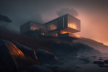 Living in nature. Beautiful solitary modern minimalistic residential house with huge windows, situated in distant location on the cliff by the sea far away from civilization. AI