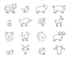 Farm cattle. Domestic animal. Livestock or poultry icons. Line chicken and sheep. Pig and cow symbols. Turkey bird. Farming horse. Meat like beef and poultry. Vector outline pictograms set