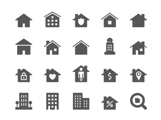 Home icons. House shape logo. Residential building. Entrance of hotel. Cottage or patria casa. Nido housing silhouettes. Real estate. Mortgage percent. Location pin. Vector symbols set