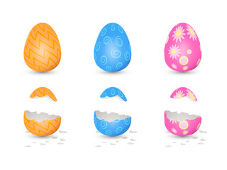 3d bunny rabbit easter egg. Happy yellow april render patterned elements, animal nature food, gold spring holidays cards or banner template. Whole and cracked vector realistic isolated objects