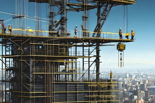 Construction Engineer Worker At Heights.Architecture Sci-Fi Construction Working Platform On Top Of Building. Suspended Cables. Fall Protection And Scaffolding Installation. Generative AI