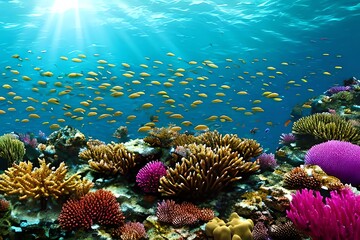Naklejka premium Coral Reef With Many Fish Swimming Underwater In Light Beams. Generative AI