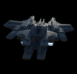 Light Space Ship Gunship on Black Background - Rear View, 3d digitally rendered science fiction illustration
