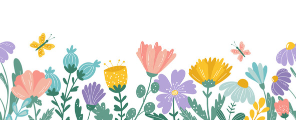 Spring flower border, floral garden. Summer bloom plants, cartoon flat rose and chamomile petals, flying butterfly. Doodle style horizontal decoration. Vector banner background
