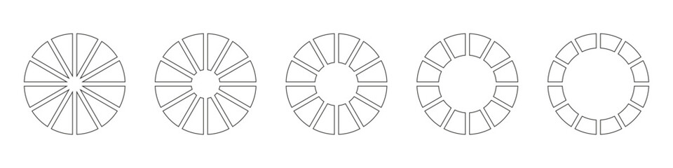 Wheels round divided in twelve sections. Diagrams infographic set. Circle section graph line art. Pie chart icons. Outline donut charts or pies segmented on 12 equal parts. Geometric element.