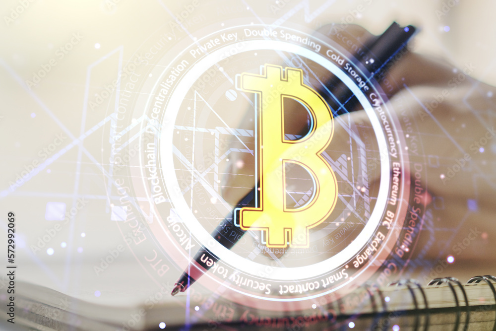 Poster double exposure of creative bitcoin symbol hologram with woman hand writing in notepad on background