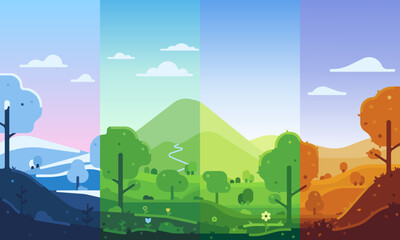 Four seasons vector illustration set. Winter, spring, summer, autumn. Landscape beautiful illustration.