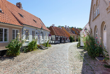 Bunte Fassaden und Stockrosen in den Gassen der Altstadt von Ebeltoft, Djursland, Dänemark in der...
