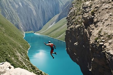 Extreme Athlete Jumps From A Cliff Canyon In A Mountainous Area With A River At The Bottom. Technology. Generative AI