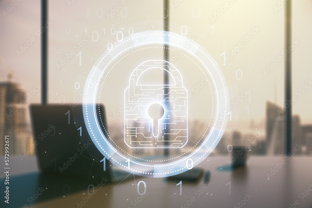 Poster Creative light lock illustration with microcircuit and modern desktop with pc on background, cyber security concept. Multiexposure