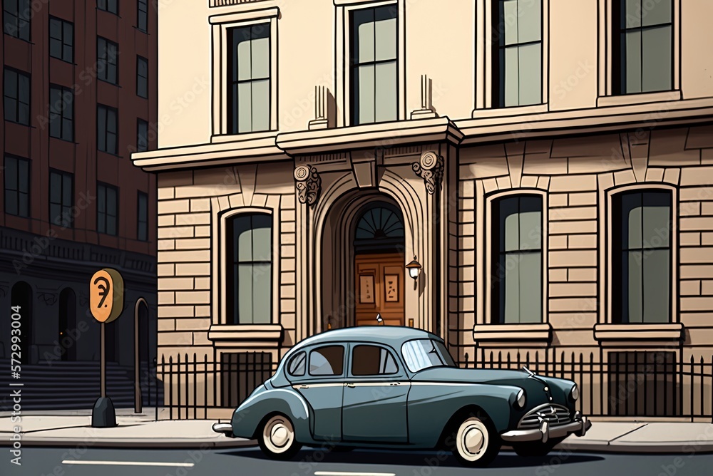 Poster a grey automobile is seen in a close-up image in front of a structure. generative ai