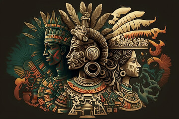 ancient Azteca civilization with iconic symbols such as the Aztec calendar and the feathered serpent god, Quetzalcoatl, alongside Aztec warriors in headdresses. generative AI - obrazy, fototapety, plakaty