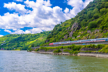 Intercity express train IC in Rhein Rhine river in Loreley, Rhein-Lahn-Kreis, Rhineland-Palatinate,...