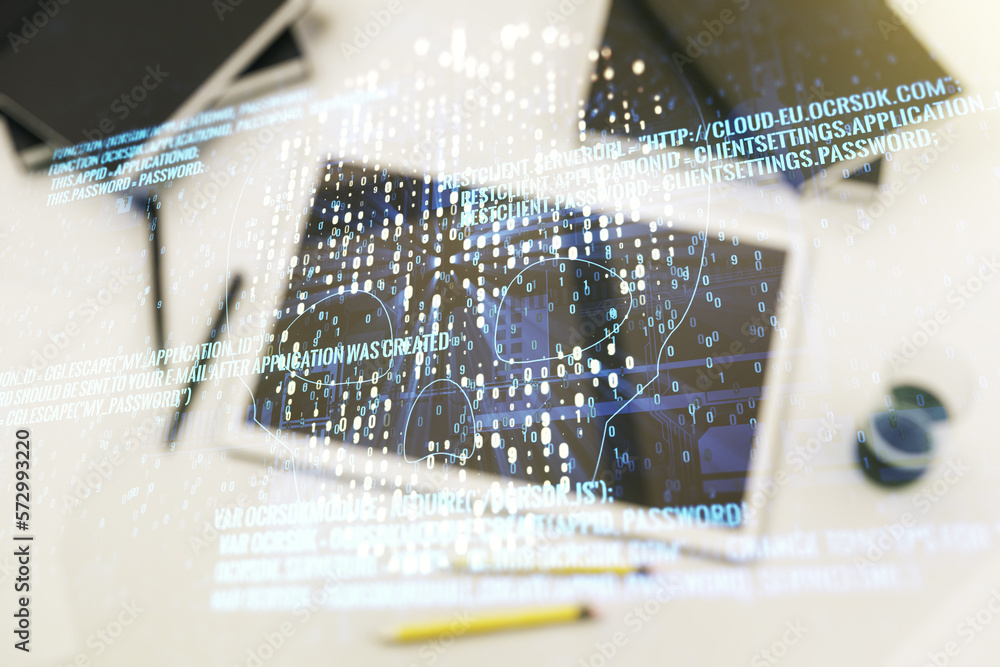 Poster creative code skull sketch and modern digital tablet on background, theft of personal data and malwa
