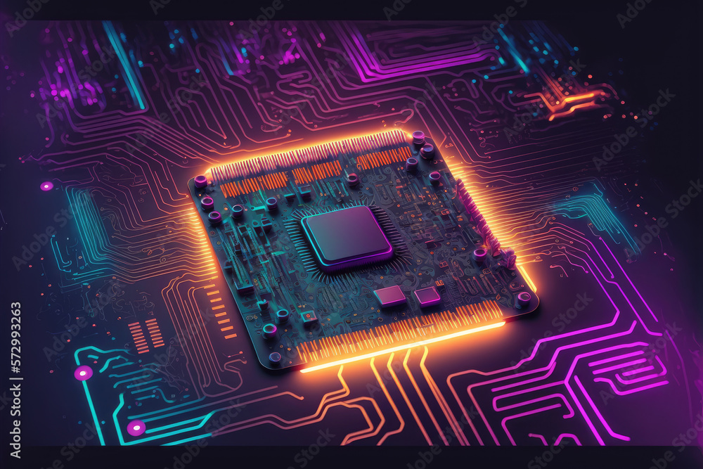 Aufkleber computer microchip semiconductor on motherboard futuristic cyber neon lighting. peculiar ai generati