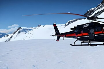 Fototapeta na wymiar Helicopter Landing On Snow Mountain In Glacier. The Helicopter Service And Emergency Rescue. Generative AI