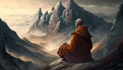 Buddhist monk sitting on the mountain's peak, watching the sunset while meditating. Concept for spirituality and journey. Generative AI. - obrazy, fototapety, plakaty