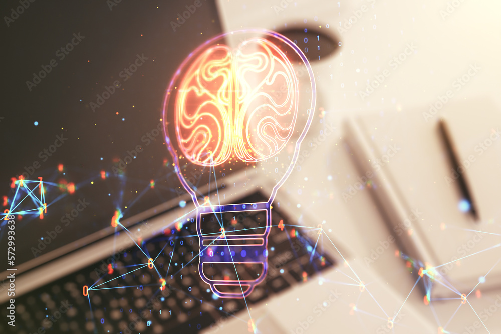 Aufkleber creative idea concept with light bulb and human brain illustration on modern laptop background. neur