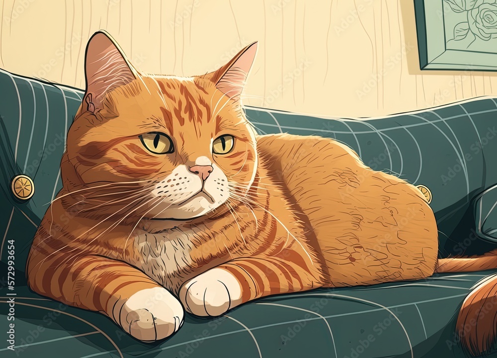 Poster gorgeous ginger cat in deep repose, laying on a sofa and gazing intently into the lens. generative a
