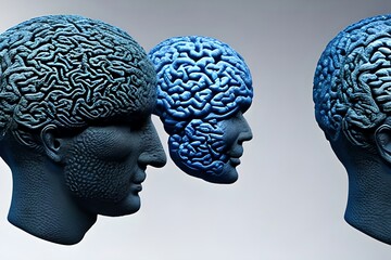 Obraz premium Human Heads And Brain. Comunication Concept. Neurological Connections Between Two Human Brains. Generative AI
