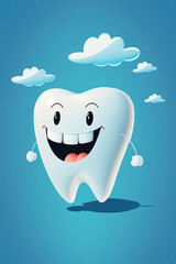 White happy tooth in cartoon style on blue background. The concept of dental health. Generative AI
