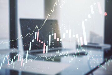 Multi exposure of abstract financial diagram on computer background, banking and accounting concept