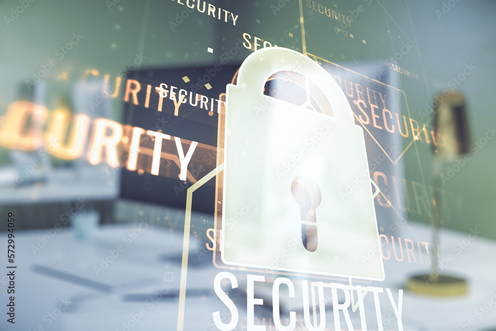 Poster creative light lock illustration with microcircuit on modern computer background, cyber security con