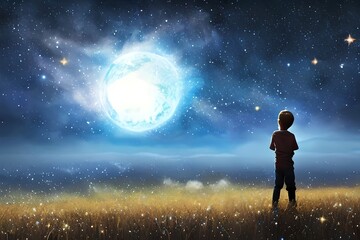 Obraz premium Illustration Of A Boy Looking At Night Starry Sky With Glitter Glow Galaxy Flicker Above. Idea For Prayer Of Hope. Love. Peace Theme. Generative AI