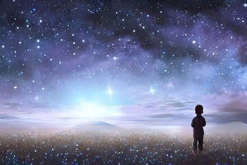 Fototapeta na wymiar Illustration Of A Boy Looking At Night Starry Sky With Glitter Glow Galaxy Flicker Above. Idea For Prayer Of Hope. Love. Peace Theme. Generative AI