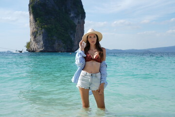 woman on the beach in krabi thailand, poda island, model shooting 