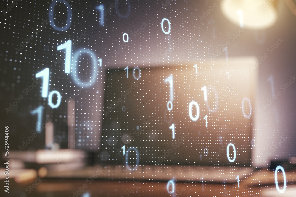 Fototapete Double exposure of creative abstract binary code hologram on laptop background. Database and programming concept