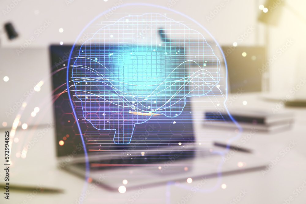 Poster double exposure of creative human head microcircuit with computer on background. future technology a
