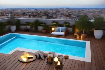 Impressive Penthouse Terrace With A Swimming Pool Overlooking Rome. Generative AI
