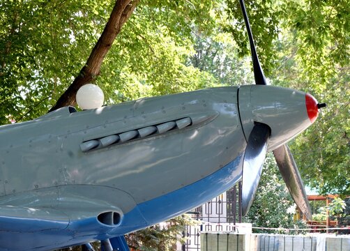 Soviet single-engine YAK-3 fighter aircraft of the Great Patriotic War period in the exhibition complex "Salute, Victory!", Orenburg, Russia