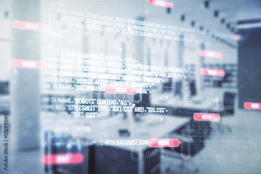 Poster double exposure of abstract programming language interface on modern corporate office background, re