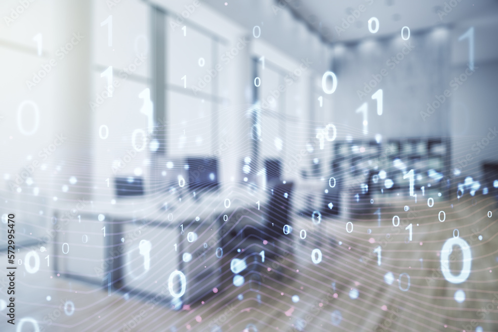Aufkleber Abstract virtual binary code illustration on a modern furnished office background. Big data and coding concept. Multiexposure