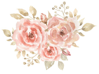 Beige leaves and blush pink flowers design bouquet. Beige and dusty rose,  greenery. Wedding floral garland. Pastel watercolor.