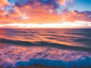 Fototapeta na wymiar colorful ocean wave sunset light and beautiful clouds on background