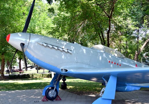 Soviet single-engine YAK-3 fighter aircraft of the Great Patriotic War period in the exhibition complex "Salute, Victory!", Orenburg, Russia
