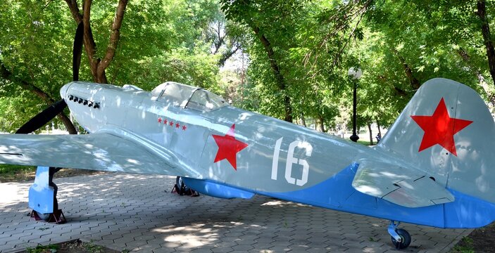 Soviet single-engine YAK-3 fighter aircraft of the Great Patriotic War period in the exhibition complex "Salute, Victory!", Orenburg, Russia