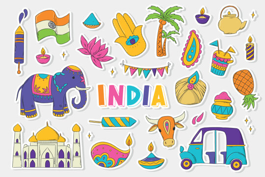 Hand drawn pack of stickers for India, indian holidays, culture. Clip art, doodles, cartoon elements for prints, cards, posters, signs, icons, planners, etc. Holi, diwali theme. EPS 10